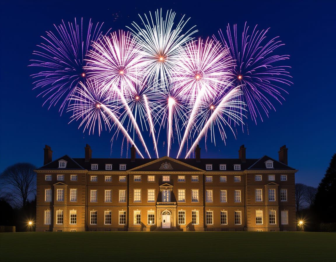 Colorful Fireworks Over English Country Mansion at Night