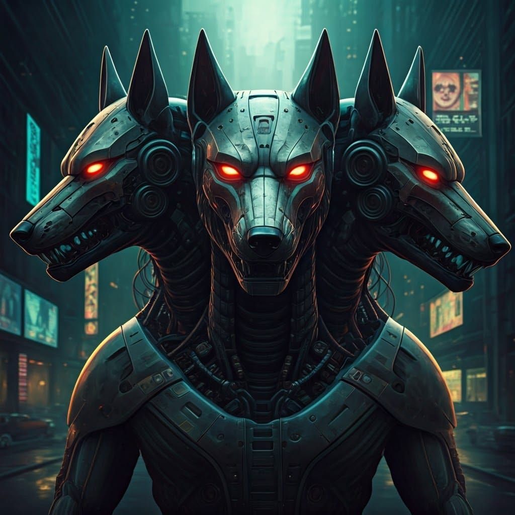 Cyborg Cerberus in Dystopian Cyberpunk Cityscape