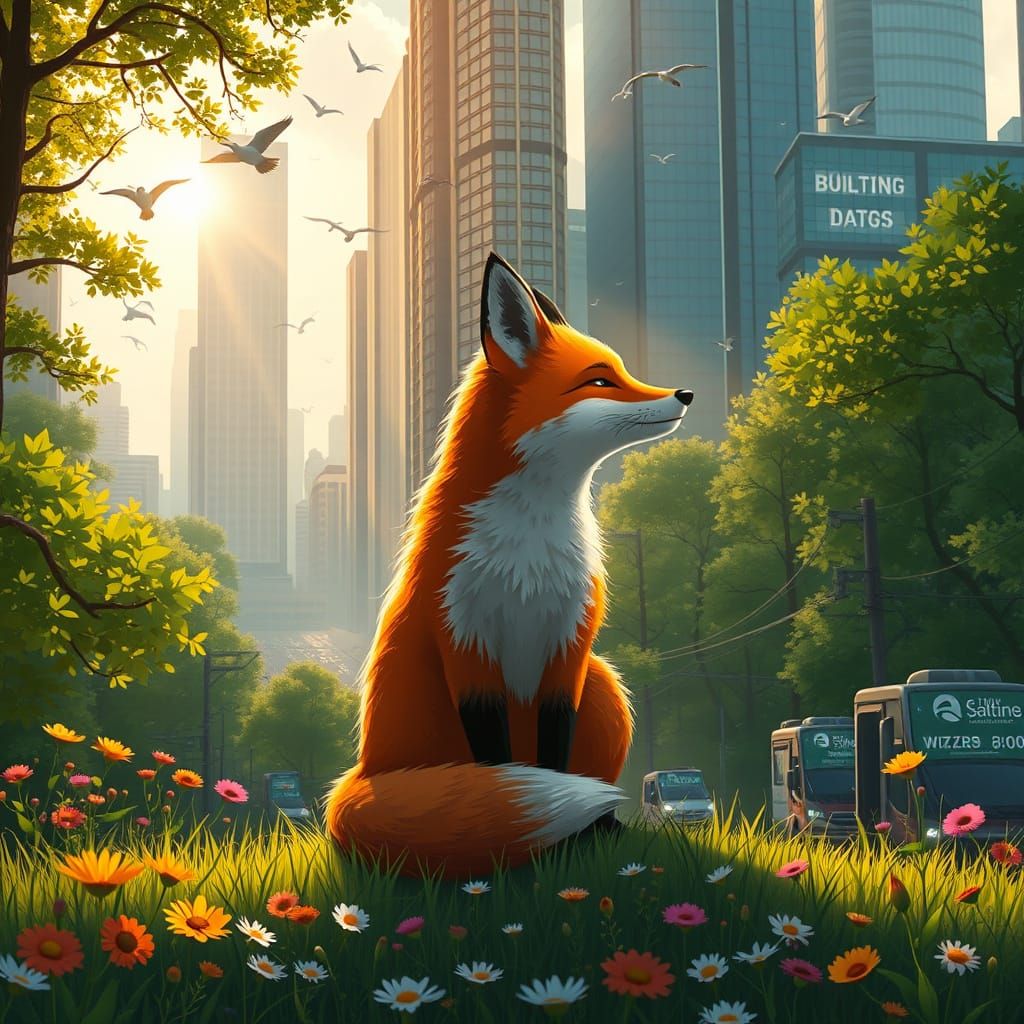 Fox Between Nature and City, Pixar-Style Illustration