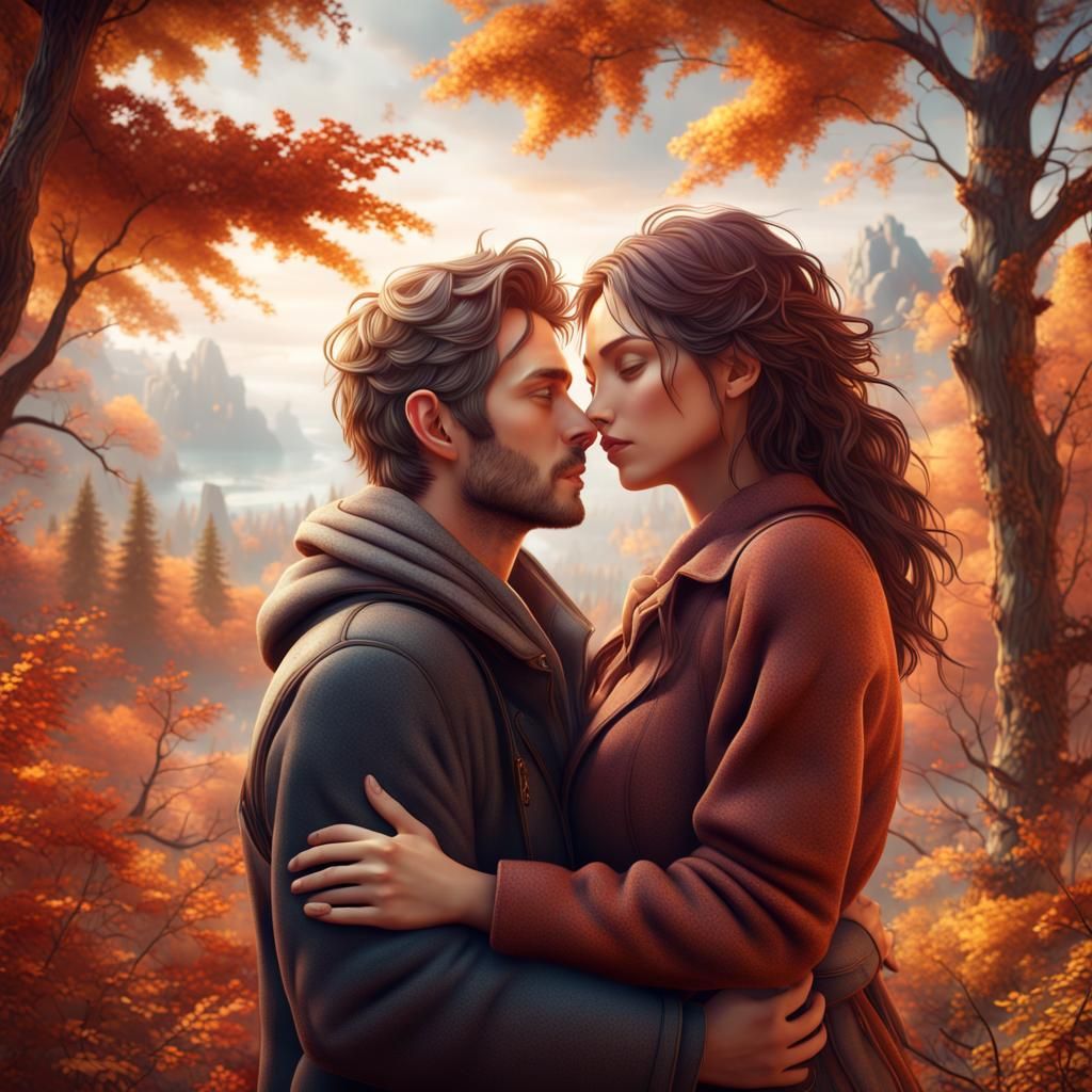 Romantic Couple Embrace in Hyperrealistic Autumn Landscape