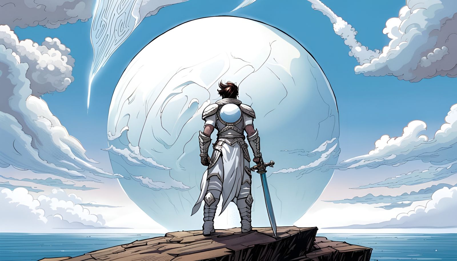 Futuristic Warrior Gazing at Giant Floating Orb