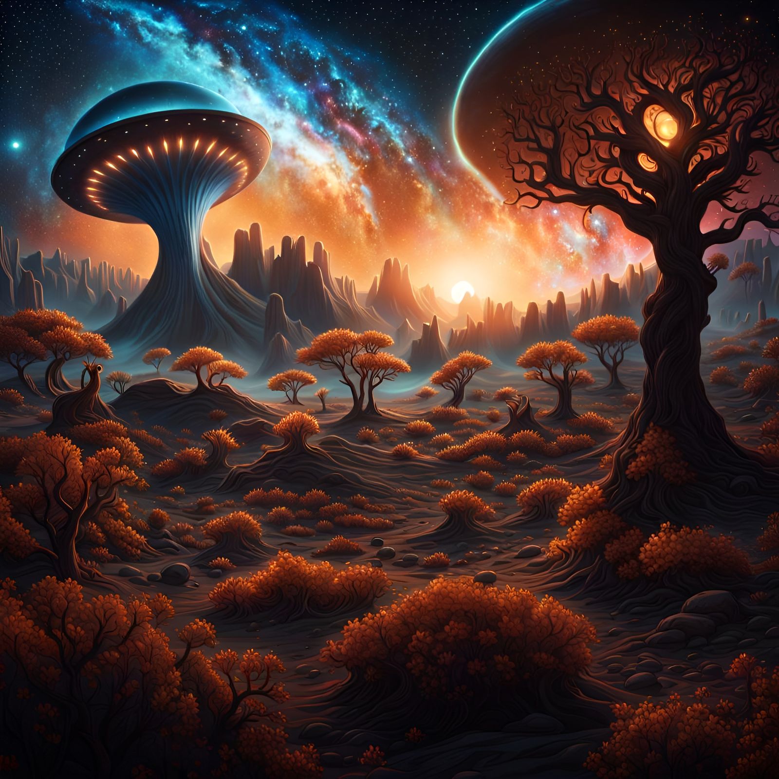 Surreal Alien Fire Landscape with Starry Sky