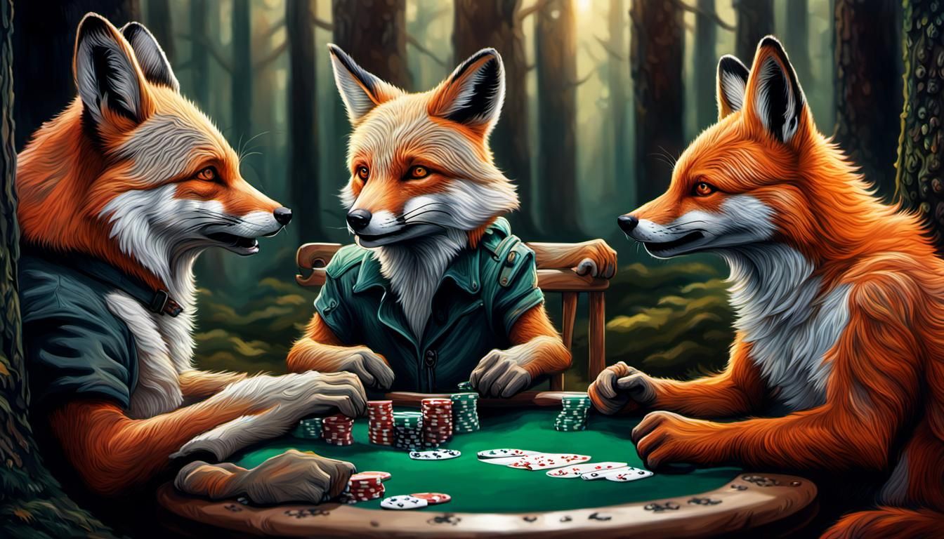 Hyperrealistic Foxes Play Poker in Forest