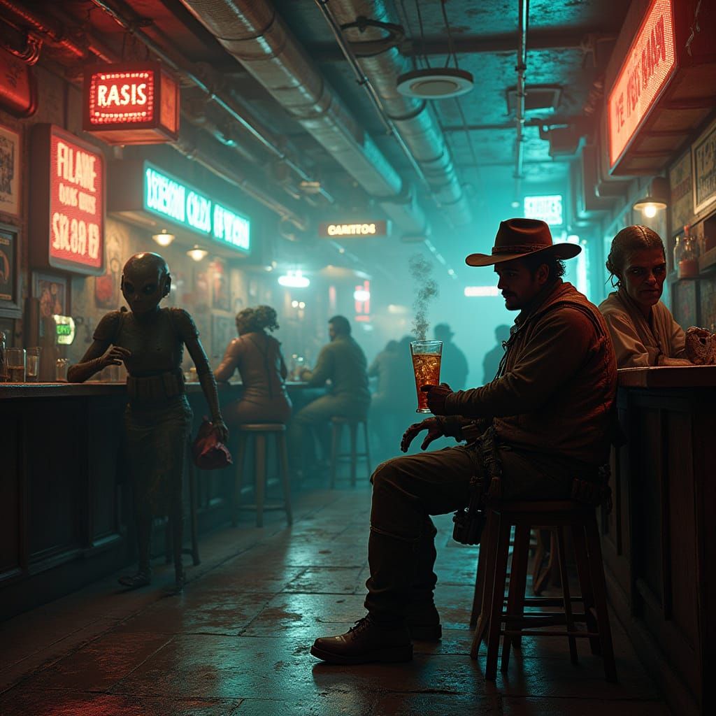 Bustling Spaceport Cantina with Bounty Hunter, Neon Lighting