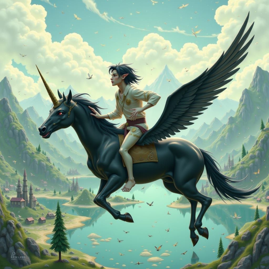 Elven Boy Rides Winged Unicorn in Pastel Sky