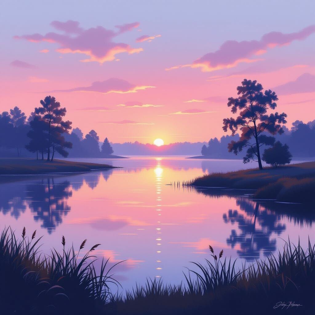 Serene Dawn Landscape in Romantic Realistic Style