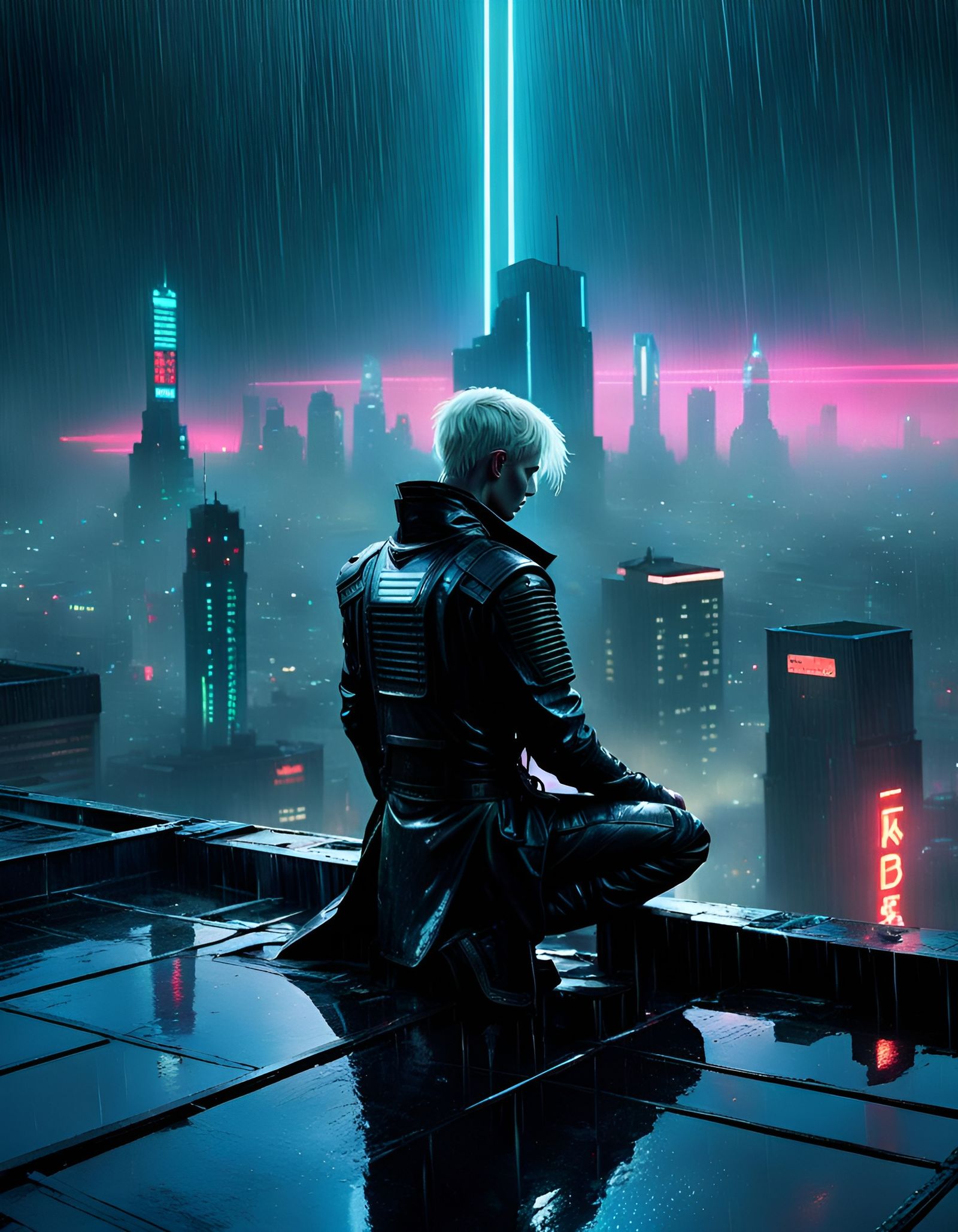 Cyberpunk Android Kneeling in Rainy Cityscape