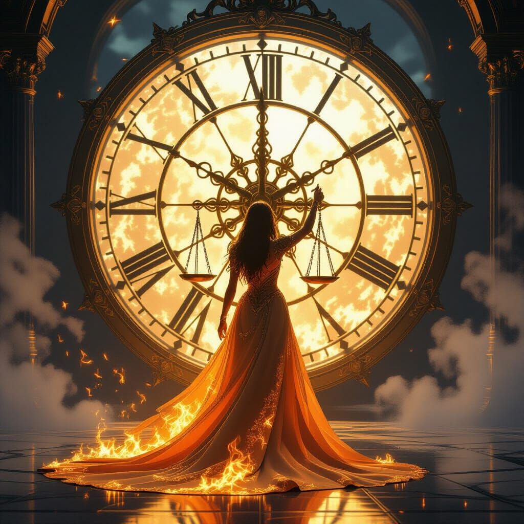 Regal Girl in Fire Dress Holds Scales of Justice by Giant Cl...