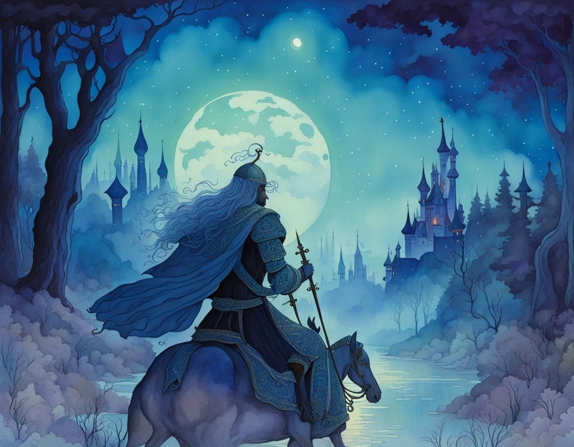 Arthurian Fairytale Scene in Bilibin Watercolor Style