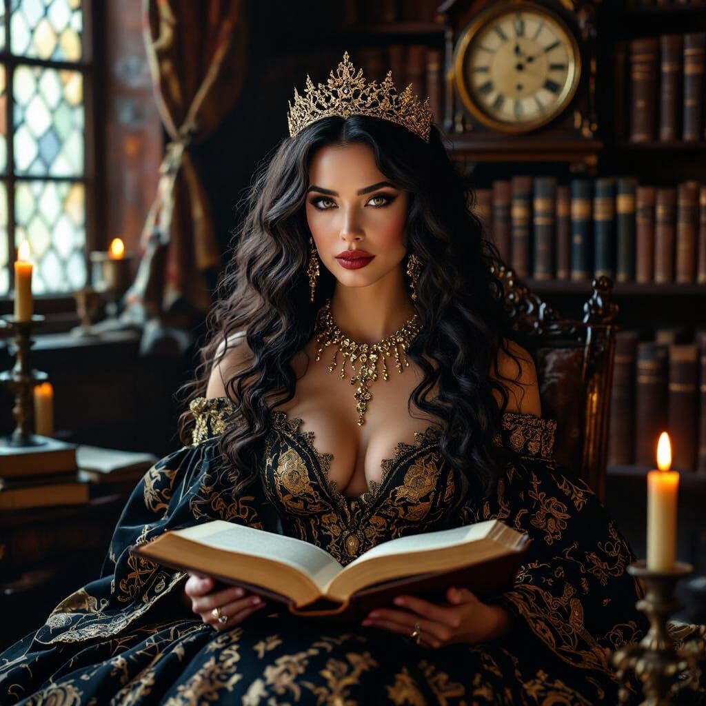 Medieval Woman Reading by Candlelight in Rembrandt Style