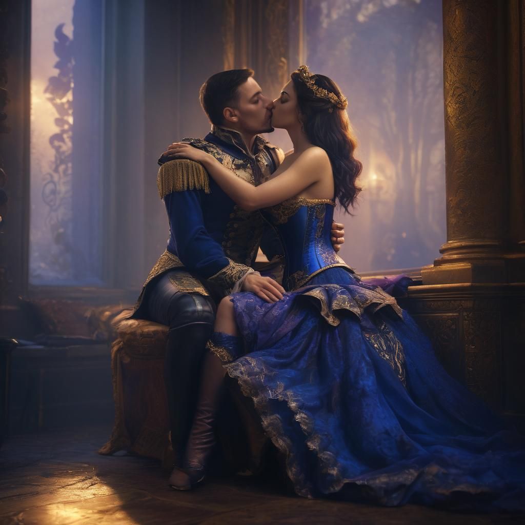 Steamy Kiss in Royal Blue Corset: Fantasy Realism