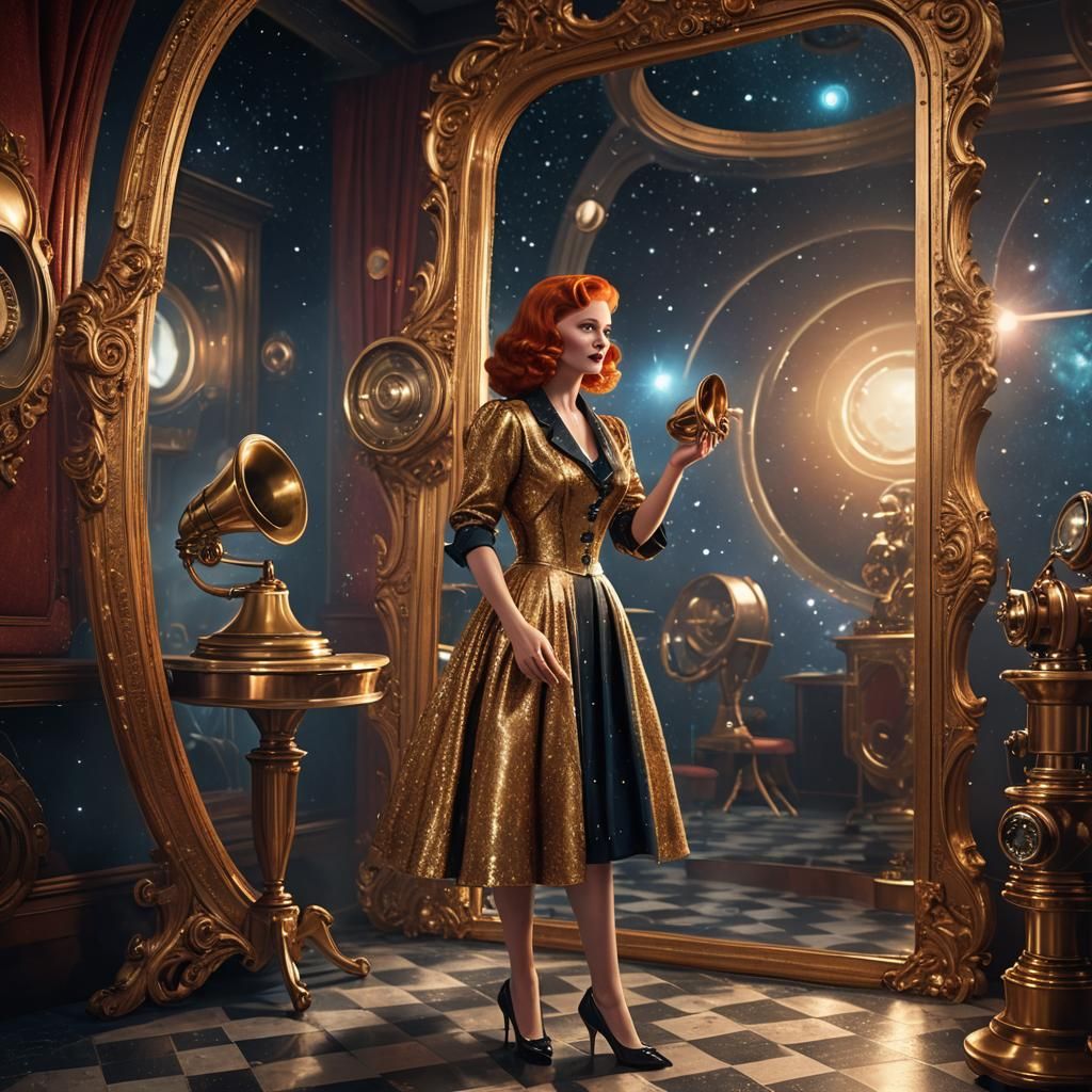 Hollywood Vixen Gazing into Space Mirror, Detailed Matte Pai...