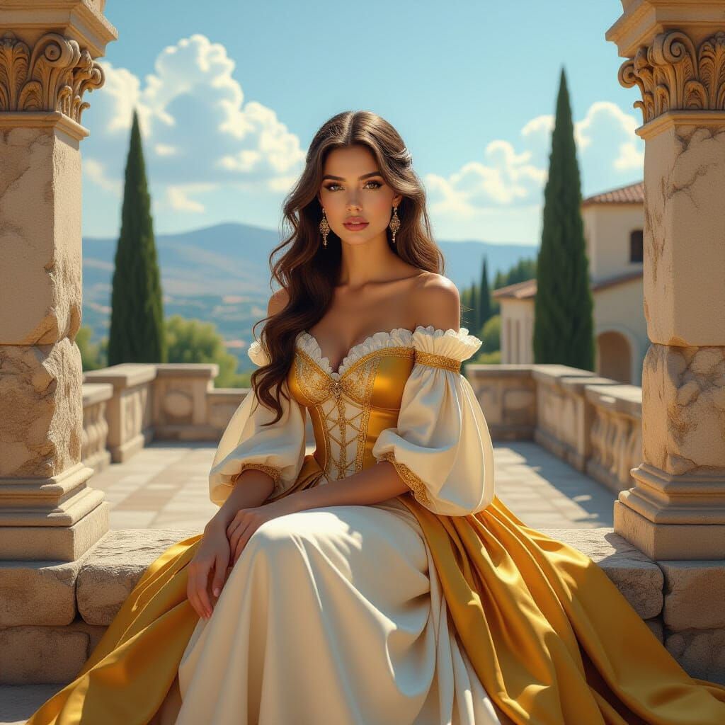 Renaissance Woman in Mediterranean Courtyard