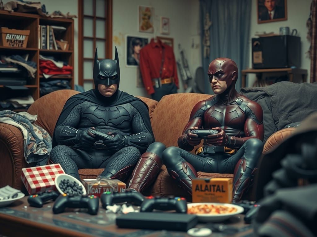 Batman and Daredevil Retired, Gaming in Grime, Photorealism