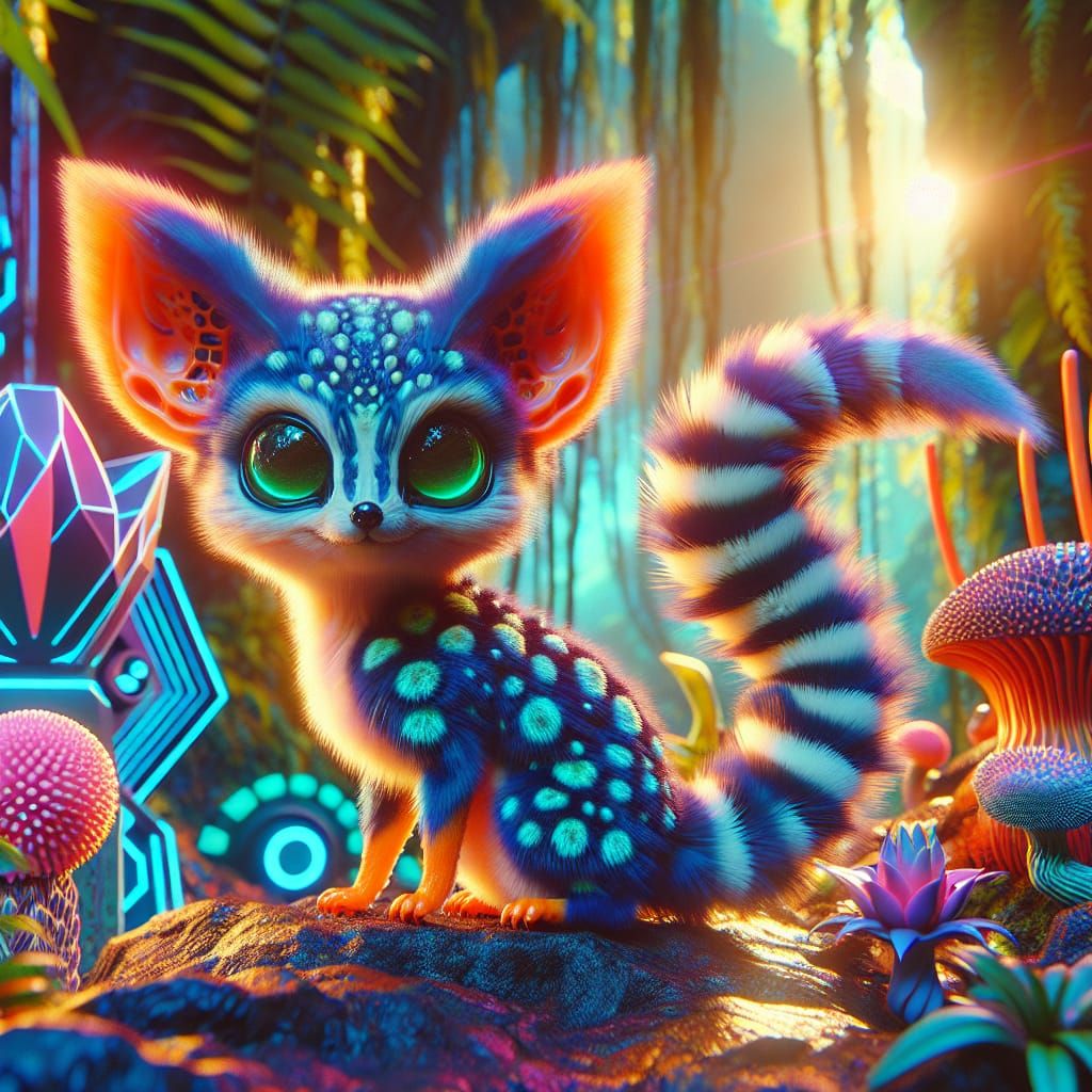 Retro Futuristic Alien Fox in Exotic Forest