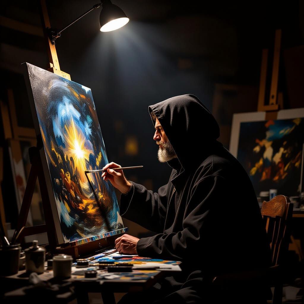 Artist in Shadow, Celestial Spotlight on Canvas