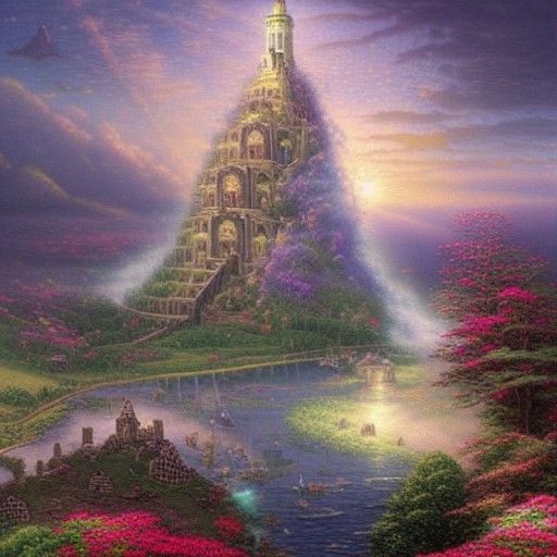Ethereal Tower of Babel in Kinkade Style