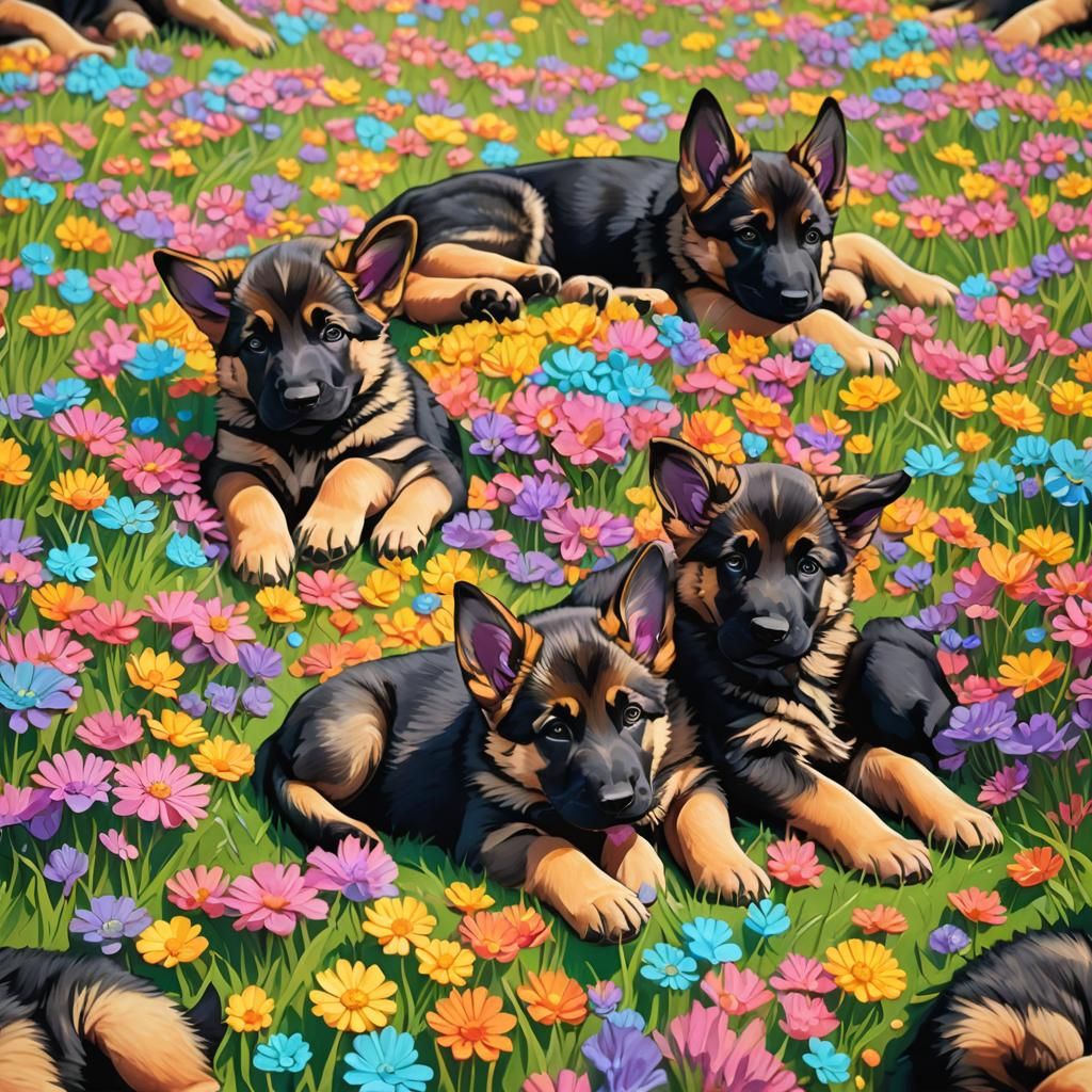 German Shepherd Puppies Sleeping in Candy Art Style