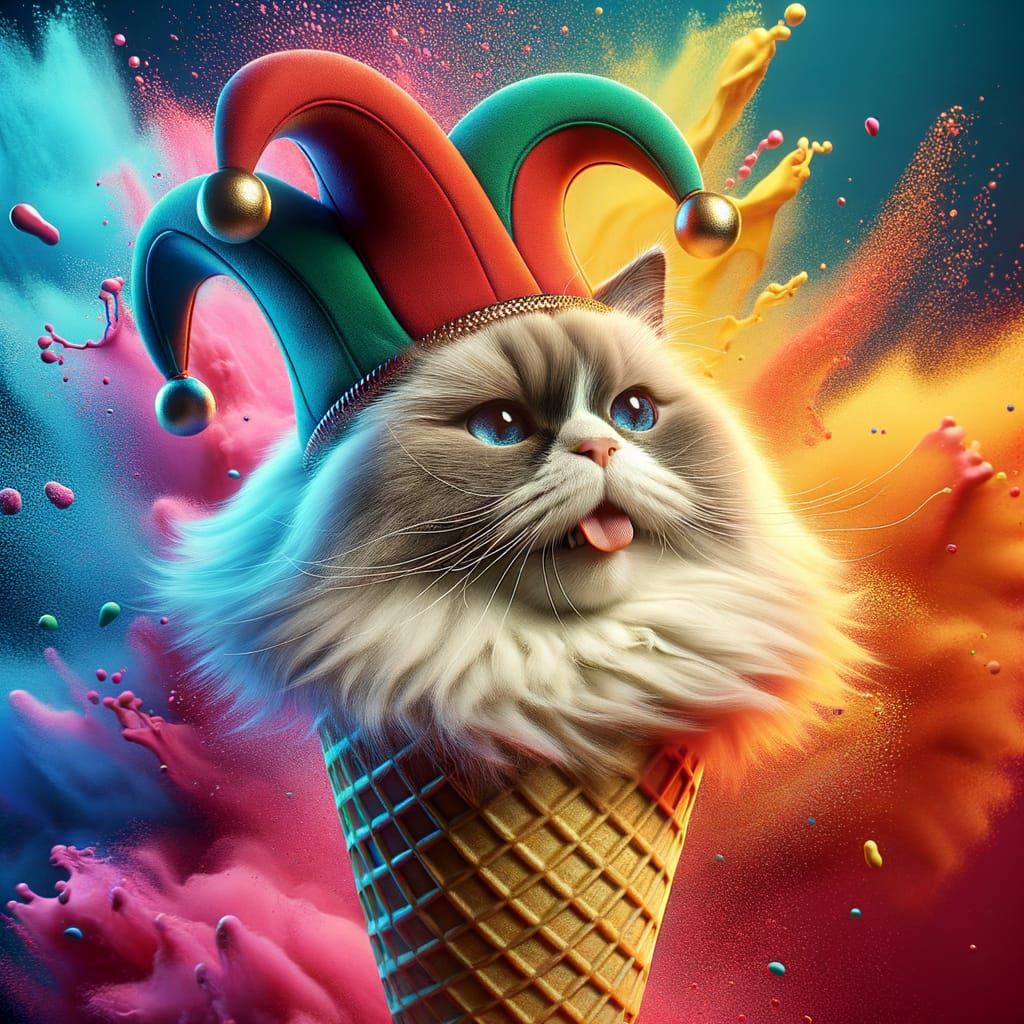Ragdoll Cat in Jester's Hat, Smiling from Ice Cream Cone