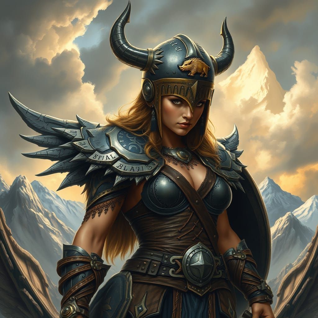 Viking Warrior Woman with Wings and Helmet in Dramatic Storm...
