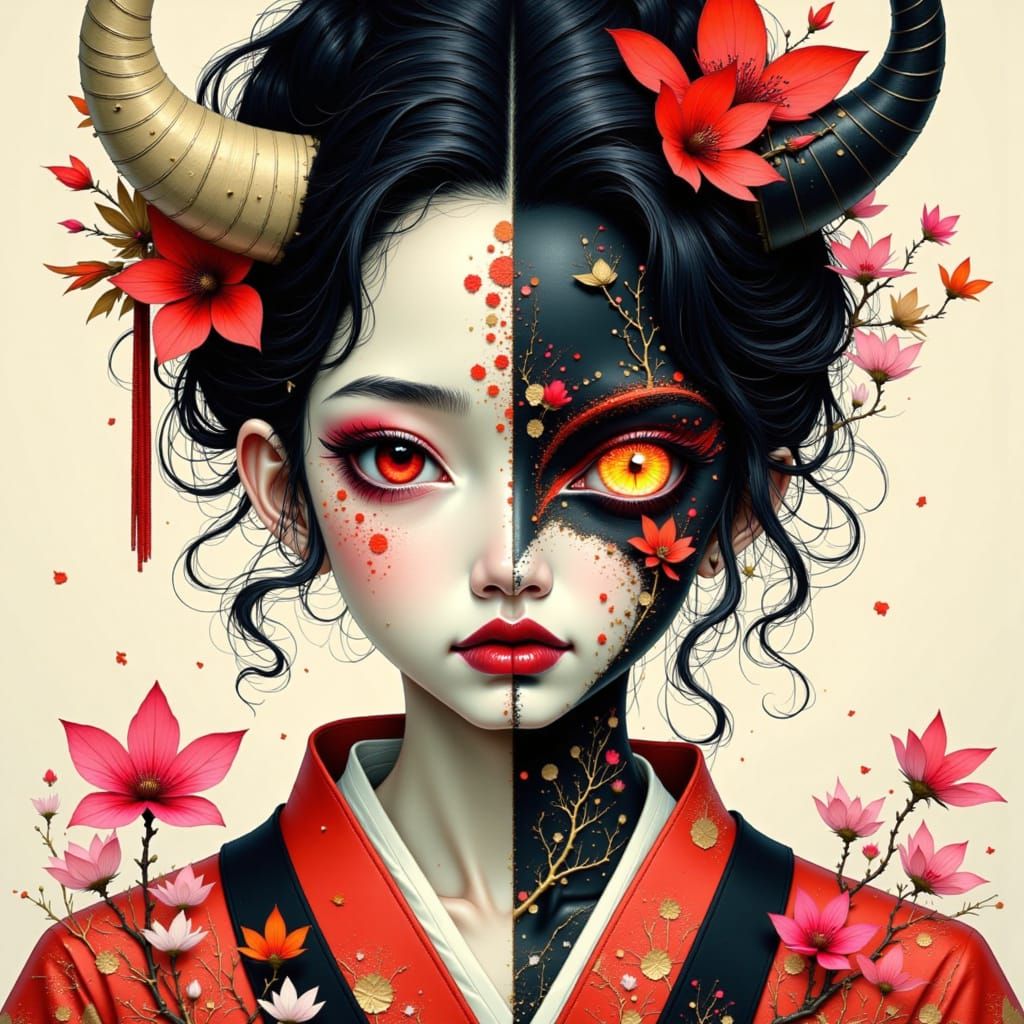 Geisha and Akumu Demon Fusion in Dreamlike Illustration