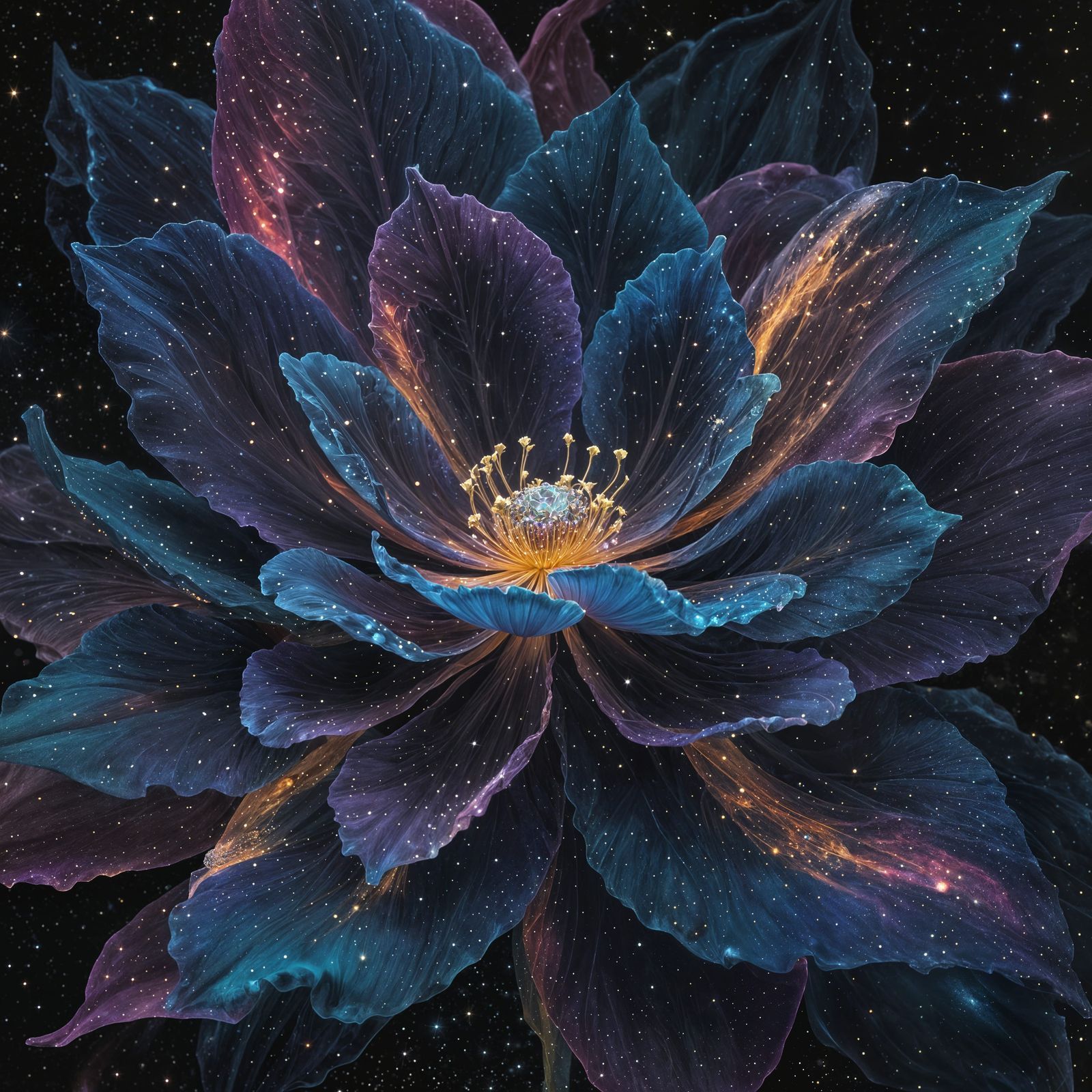Iridescent Cosmic Flower Adorned with Diamonds