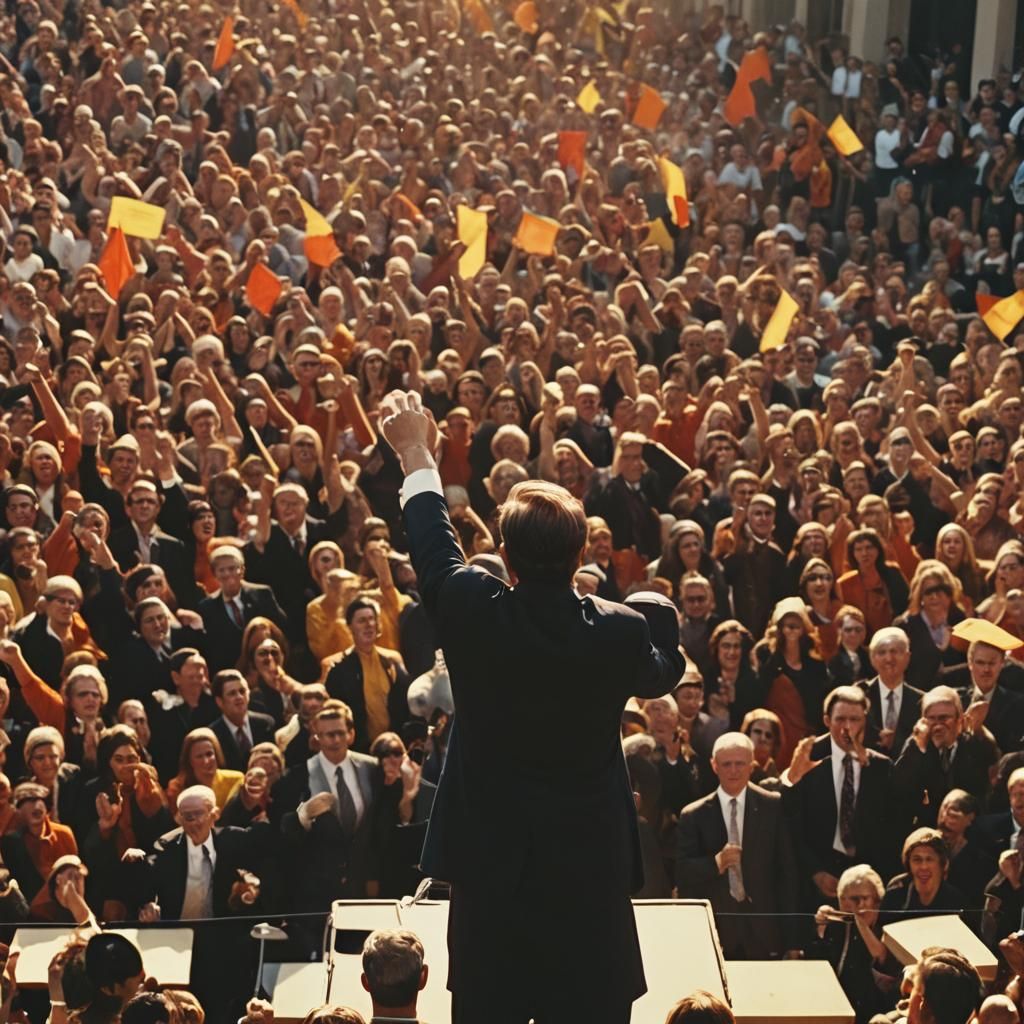 Politician Speaks at Rally in Cinematic Film Still