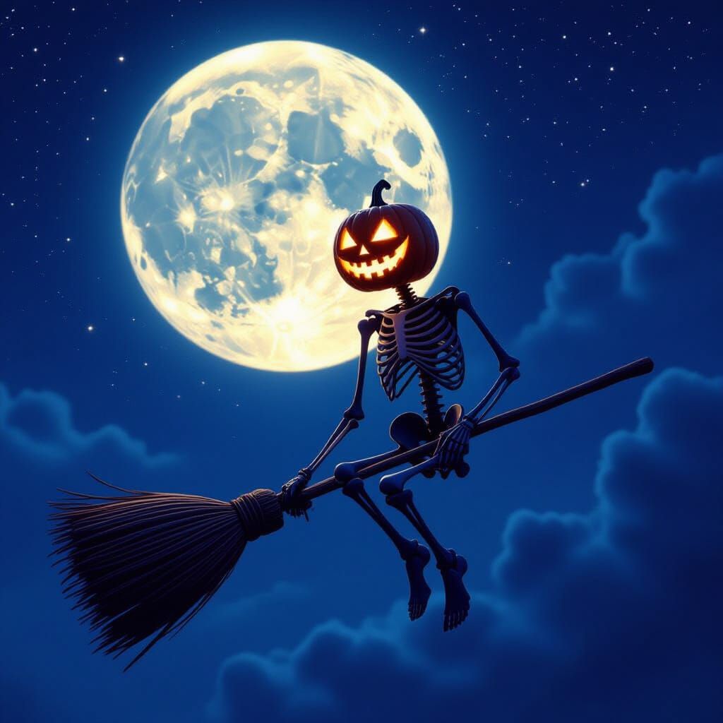 Skeleton with Jack-o'-Lantern Head Rides Broomstick Under Fu...