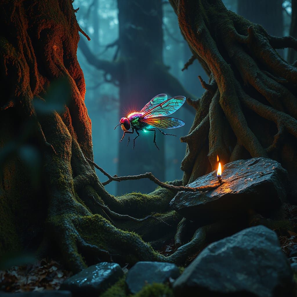 Luminous Firefly in Enchanted Forest, Fantasy Art