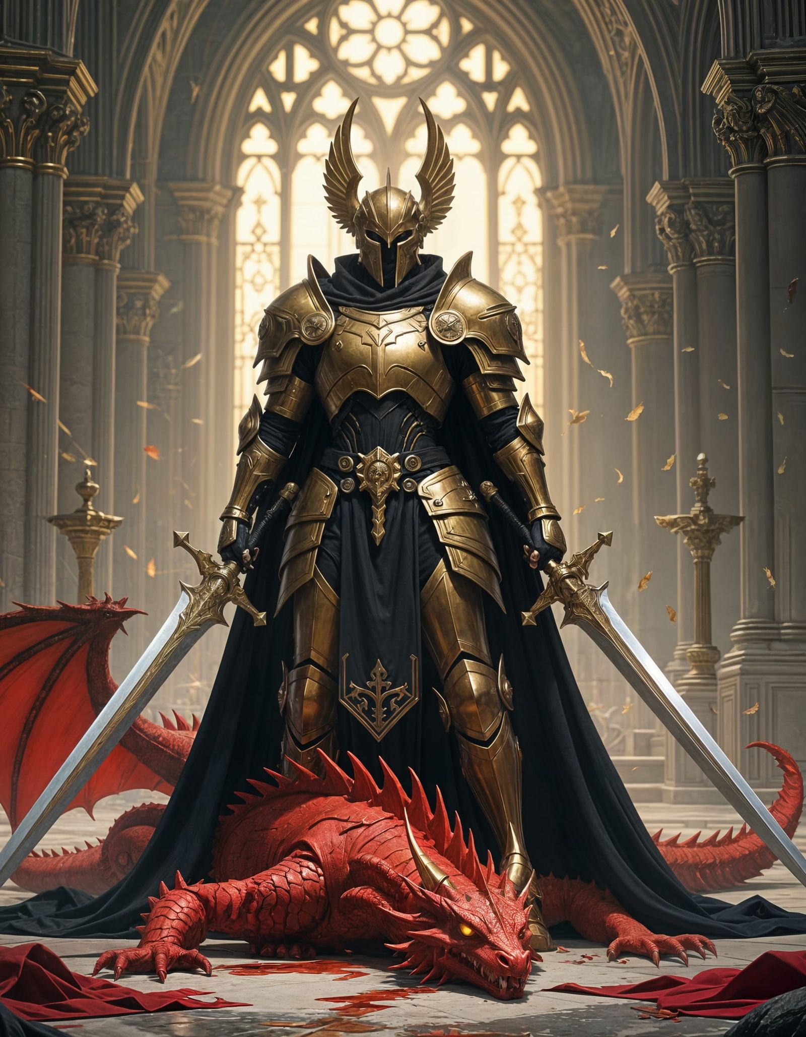 Cyborg Paladin in Cathedral with Dragon Corpse