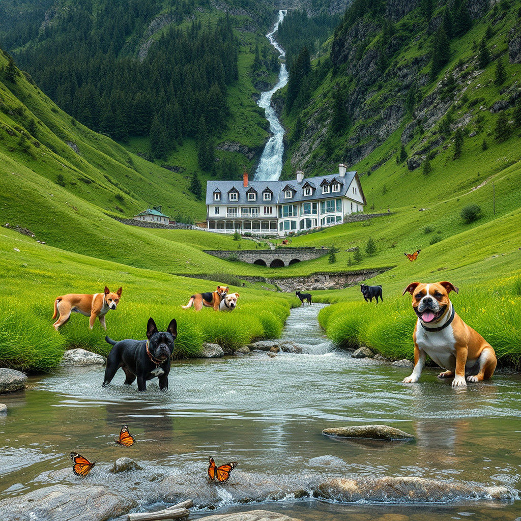 Dogs in Mountain Landscape with Hotel