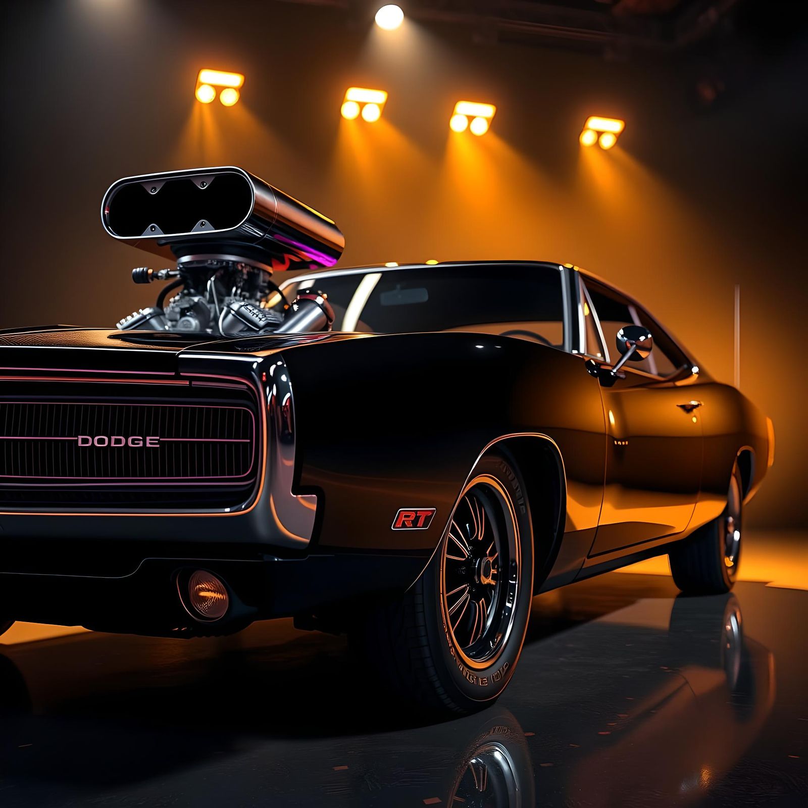 Black 1970 Dodge Charger RT in Automotive Photo Style