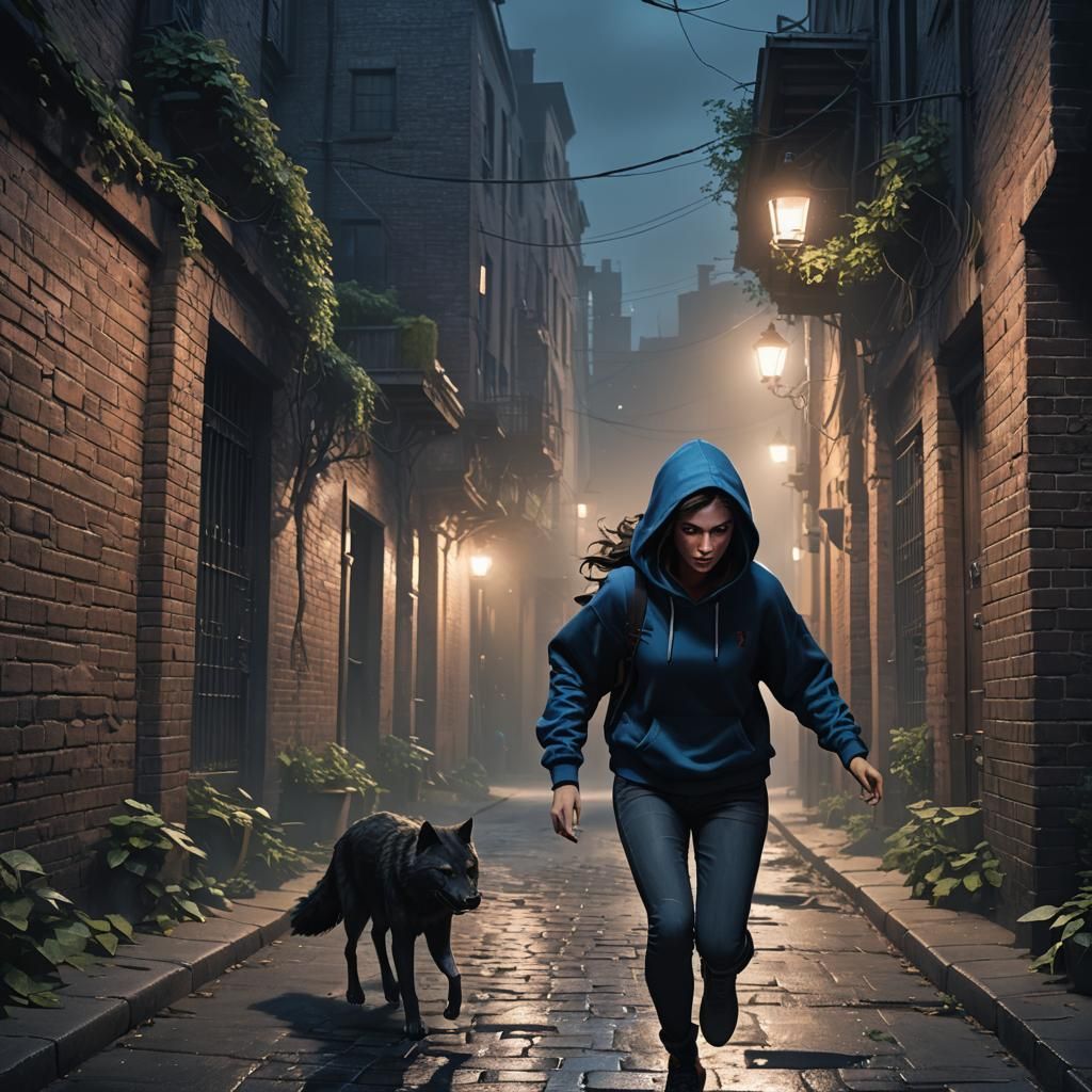 Girl and Wolf in Dark Fantasy Alleyway