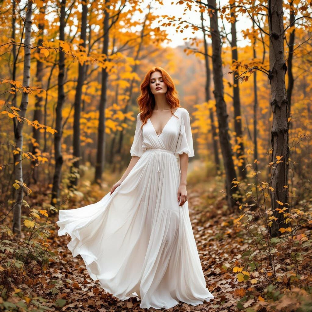 Red-Haired Woman in White Dress in Autumn Woods