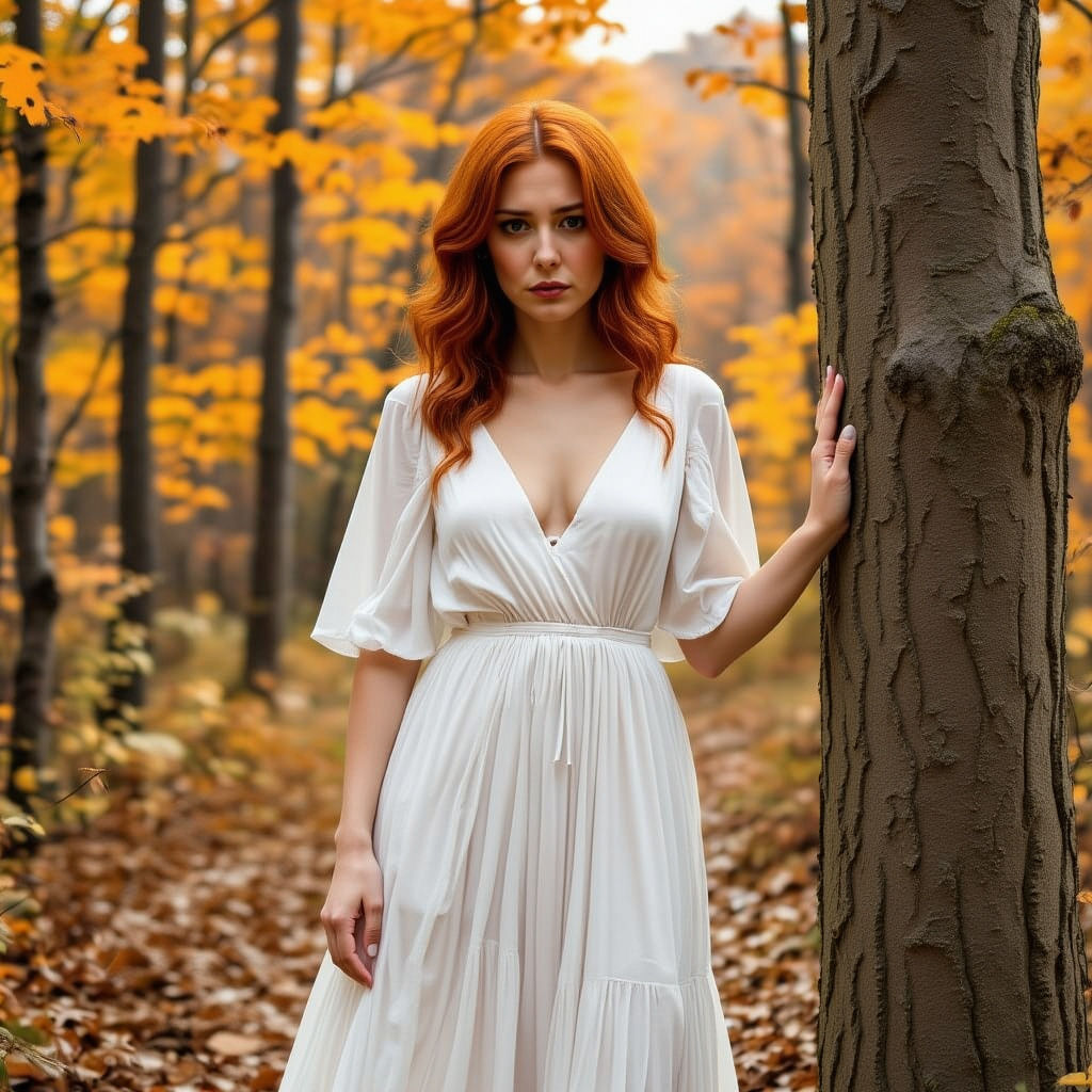 Red-Haired Woman in Autumn Woods