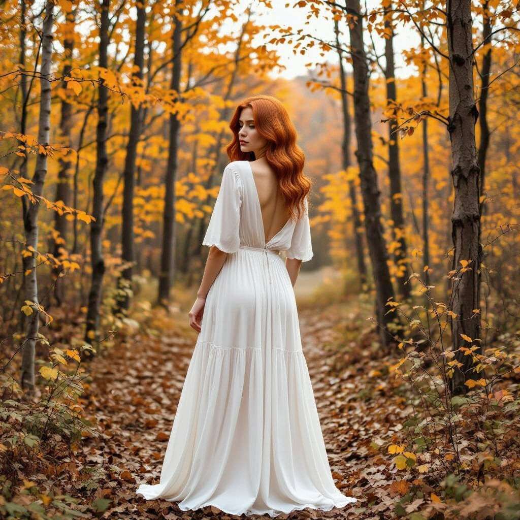 Redhead in White Dress in Autumn Woods