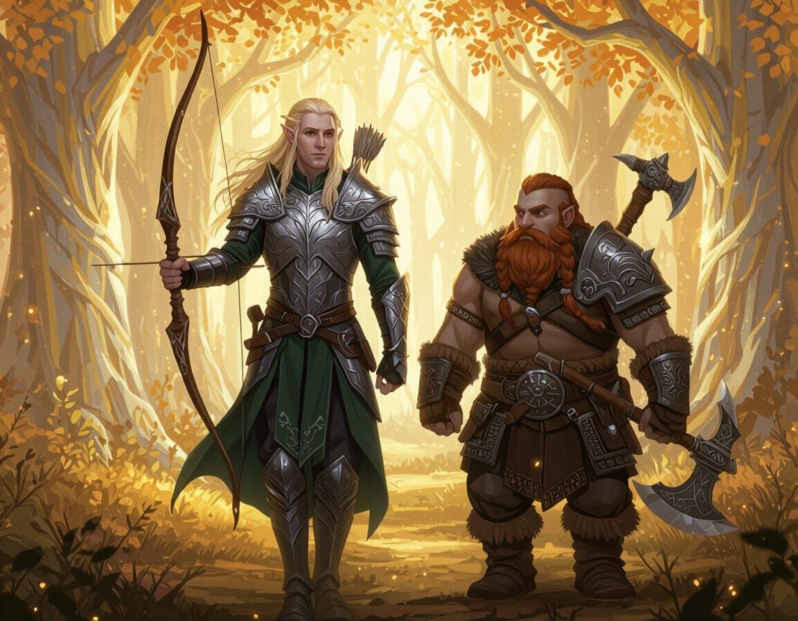 Elf and Dwarf in Enchanted Golden Forest