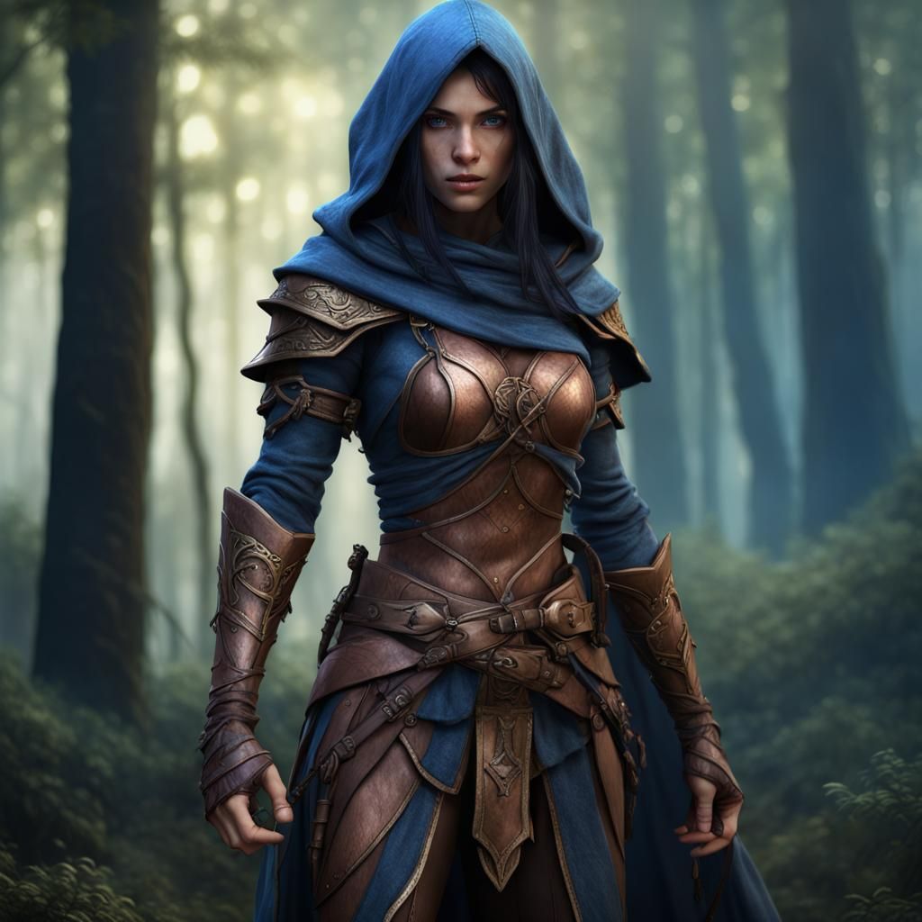 Half-Elf Fighter in Forest, Detailed Matte Painting