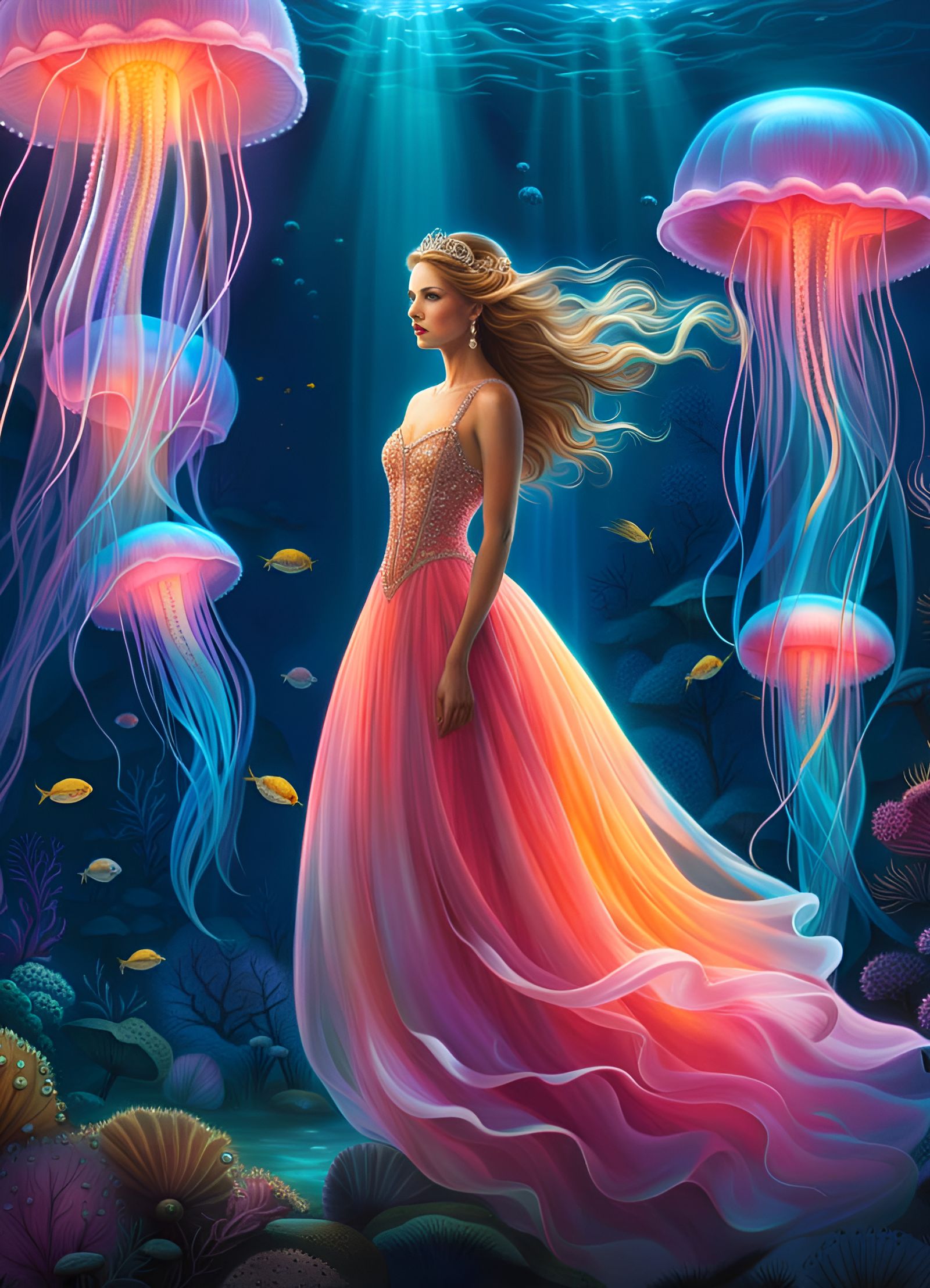 Luminescent Jellyfish Princess in Underwater Garden