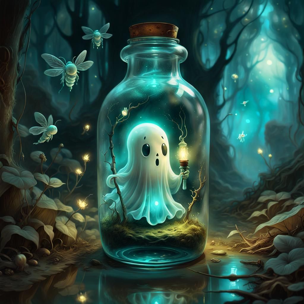 Cute Ghost in Bottle with Fireflies, Cell-Shaded