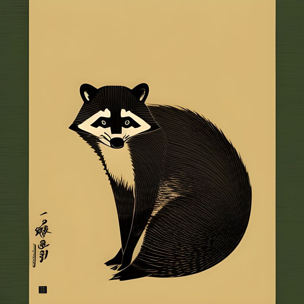 Samurai Raccoon in Japanese Woodblock Print Style