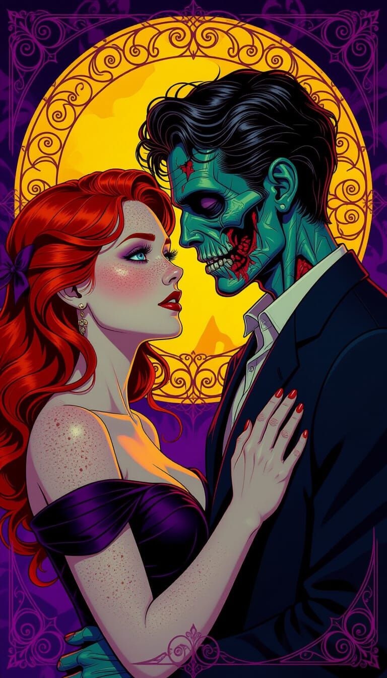 Romantic Zombie Date: Redhead Woman & Undead Partner