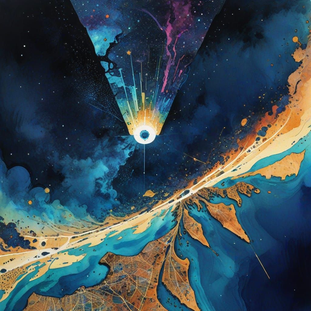 Surreal Fractal Delta Landscape in Watercolour and Ink