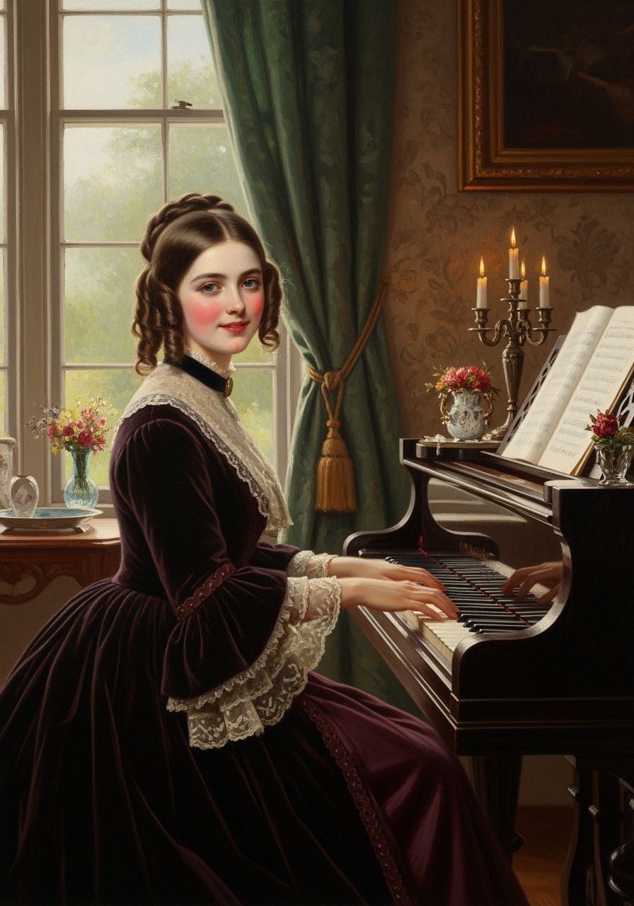 Victorian Woman Plays Piano in Elegant Drawing Room