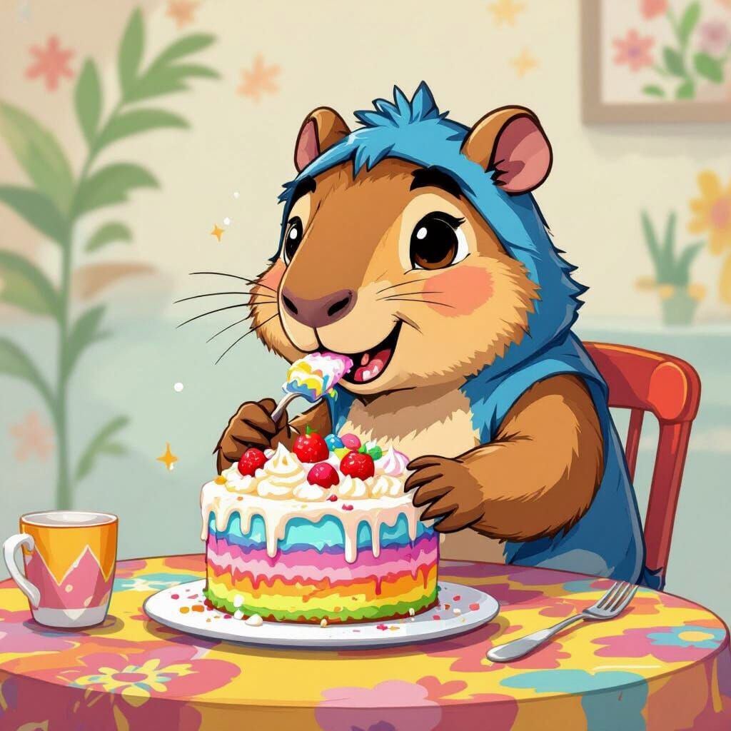 Capybara as Stitch Devouring Cake: Whimsical Cartoon