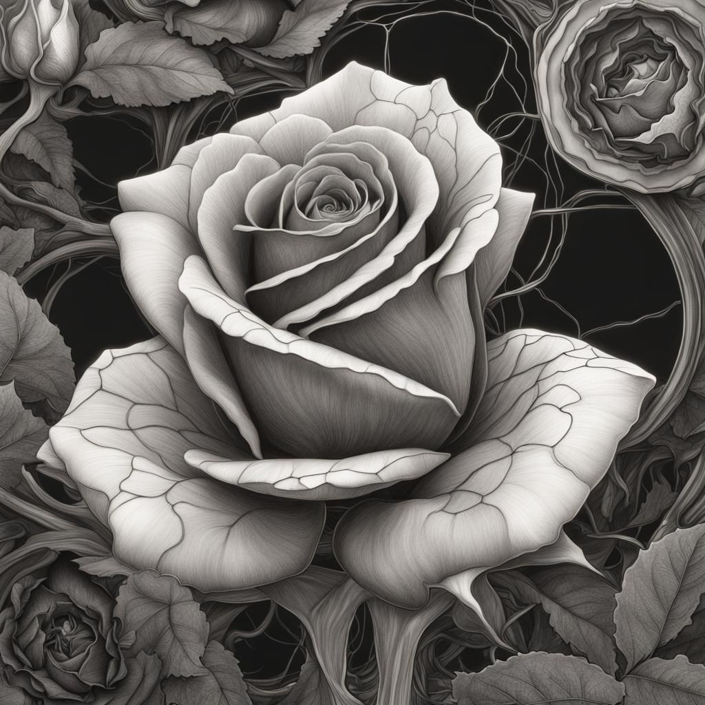 Detailed Pencil Drawing of a Rose's Inner Structure