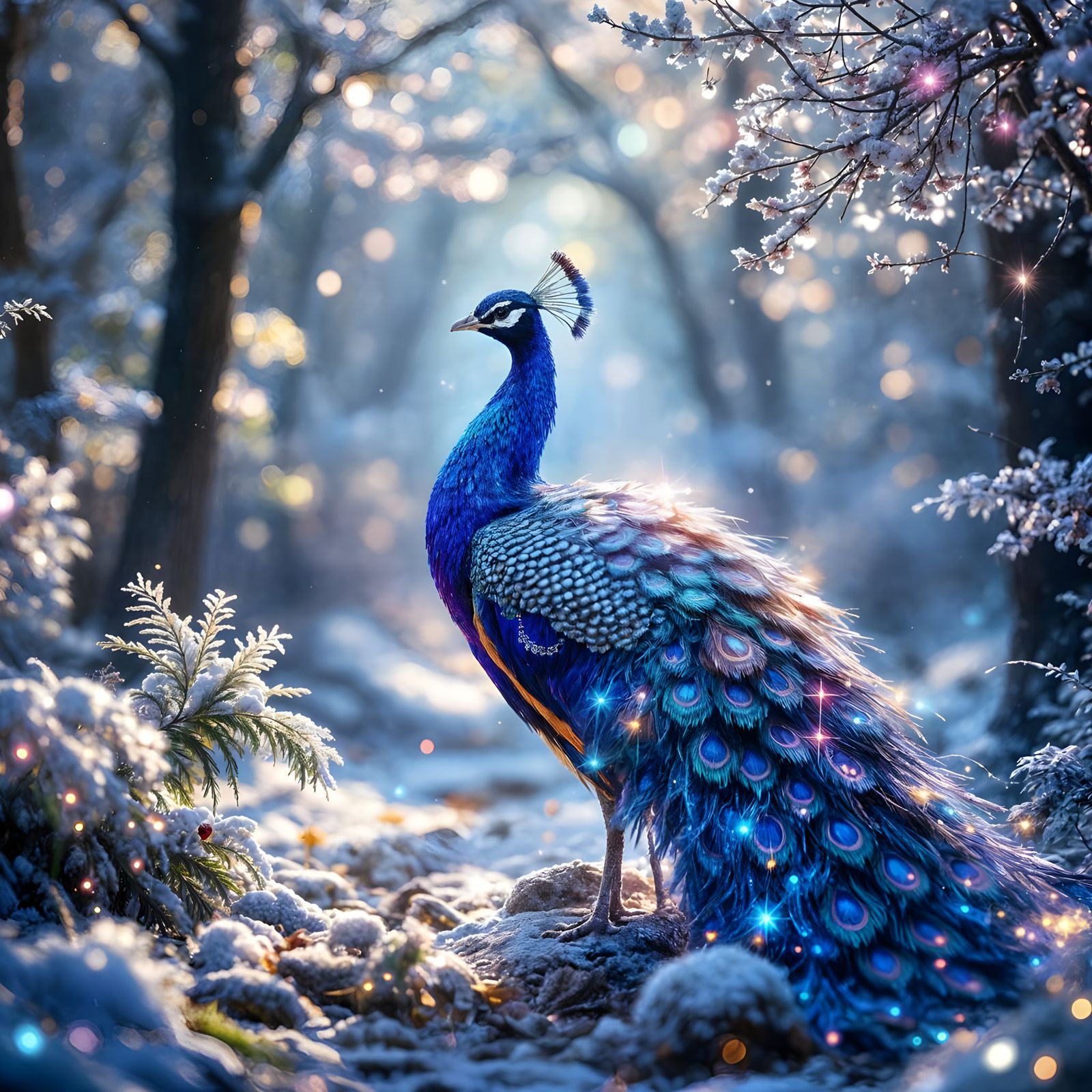 Majestic Christmas Peacock in Enchanted Winter Wonderland