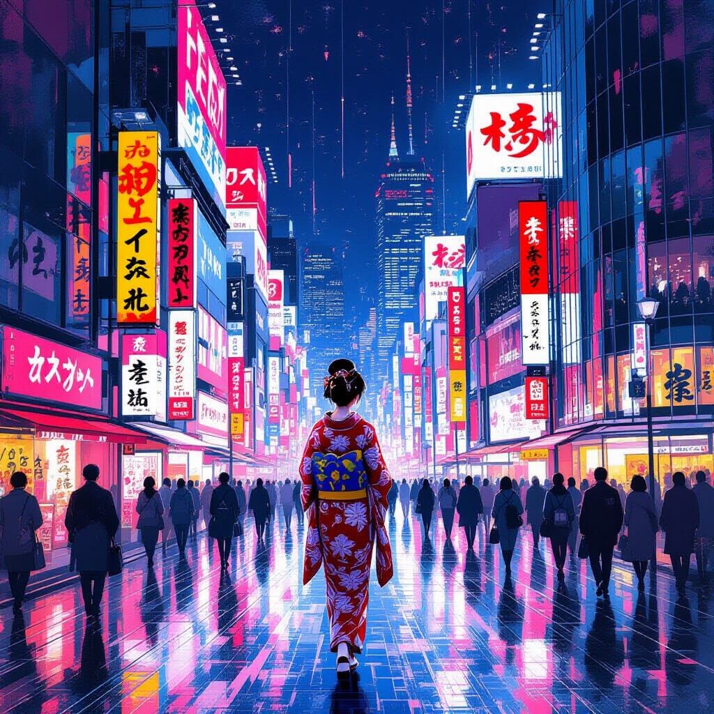 Mystical Woman in Tokyo Streetscape: Ukiyo-e Style