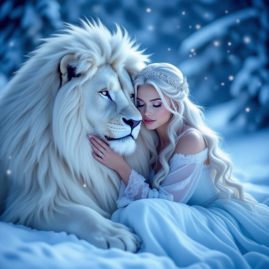 Angelic Woman & Snow Lion in Ethereal Winter Scene