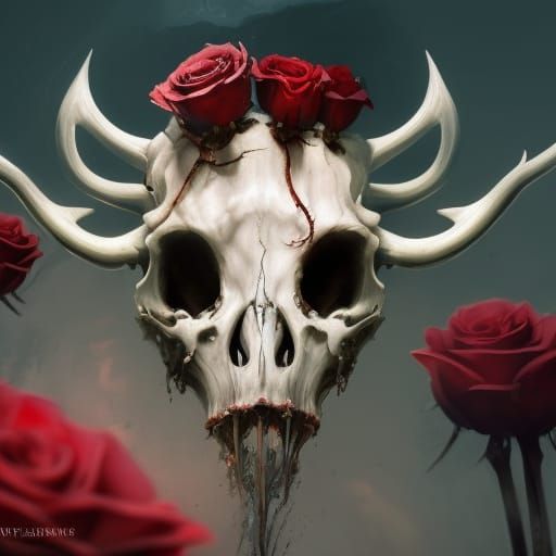 Cow Skull with Roses: Dark Fantasy Concept Art